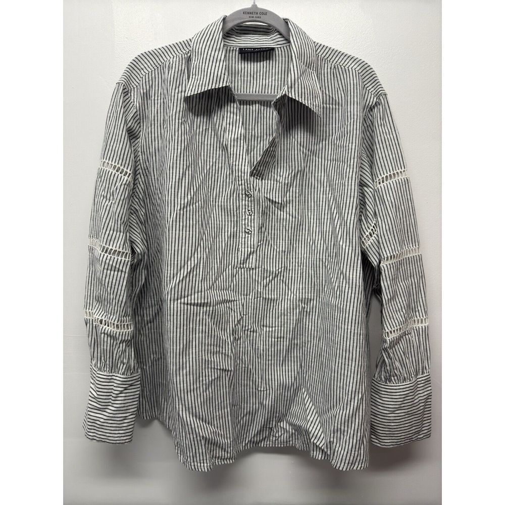 Lane Bryant White w/Gray Stripes V Neck Shirt Size 14 #35‎